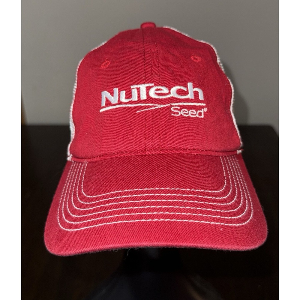 NuTech Seeds Trucker Hat Mens Red Modern White Stitch Adjustable Cap By District